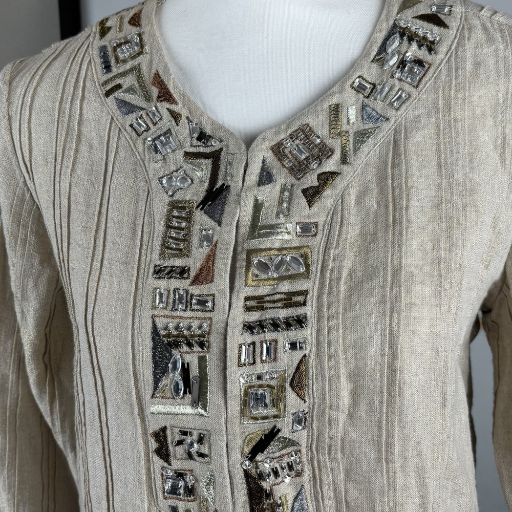 Chico's Beige Gold Shimmer Jewel Embellished Linen 3/4 Sleeve Blazer size Small‎